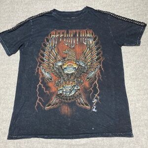 Affliction T Shirt Womens Medium Black Chain Link Lace Distressed Eagle Grunge